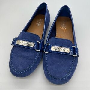 Coach Blue Suede Loafers with Silver Logo Plaque